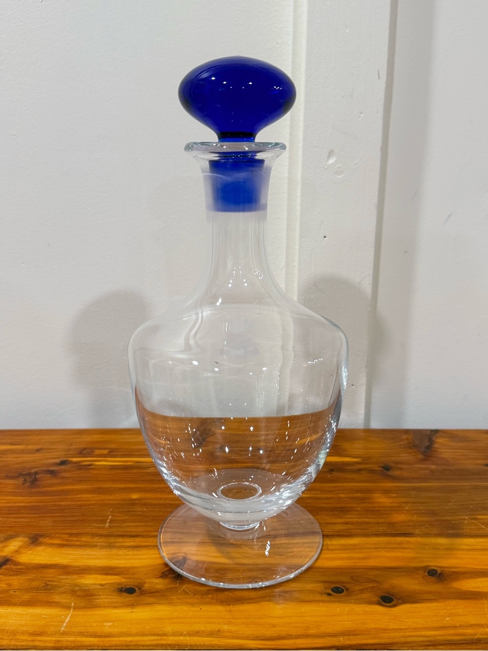 MCM Clear Glass Decanter with Cobalt Blue Glass Stopper